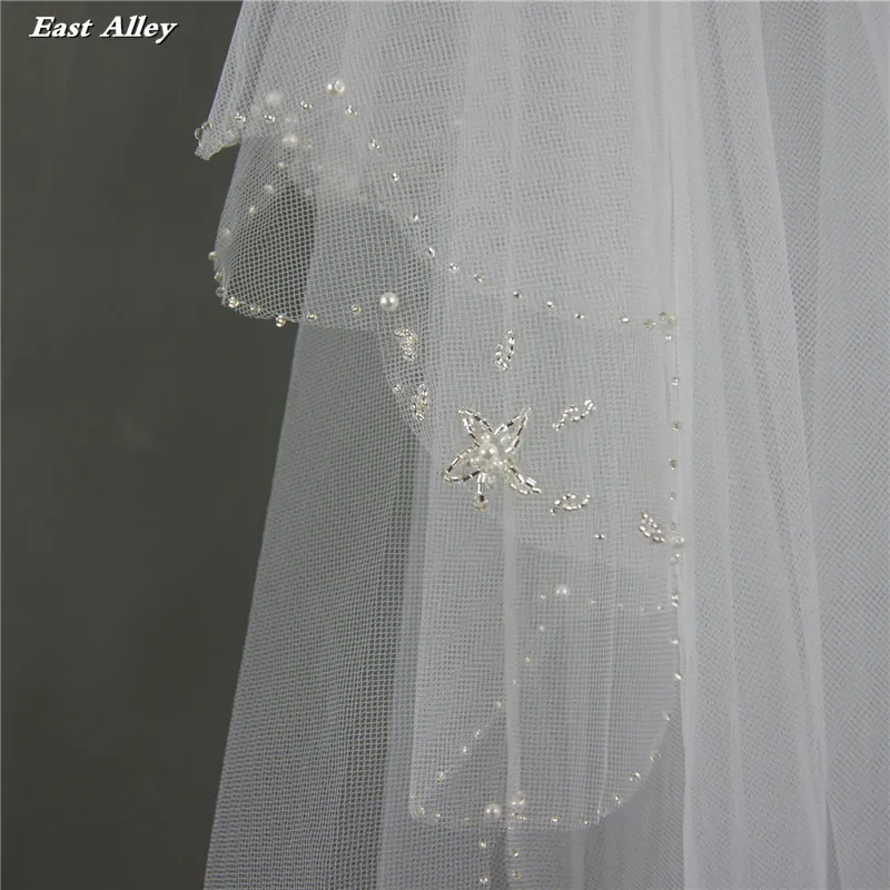 New Style White Bead Edge 2 Tier Fingertip Bridal Veil Beaded Wedding Veil with Pentagram