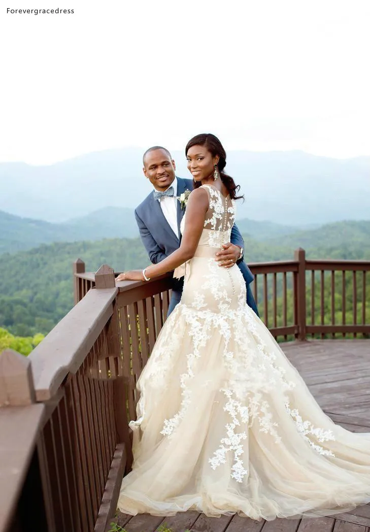 Nueva llegada vestidos de novia negros de Sudáfrica para niñas 2019 vestidos de novia de jardín de sirena de champán Vintage talla grande