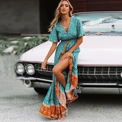 TEELYNN maxi Dresses Vintage Floral print sexy deep v-ncek Gypsy summer dresses loose Hippie Women dress long boho Vestidos 2019