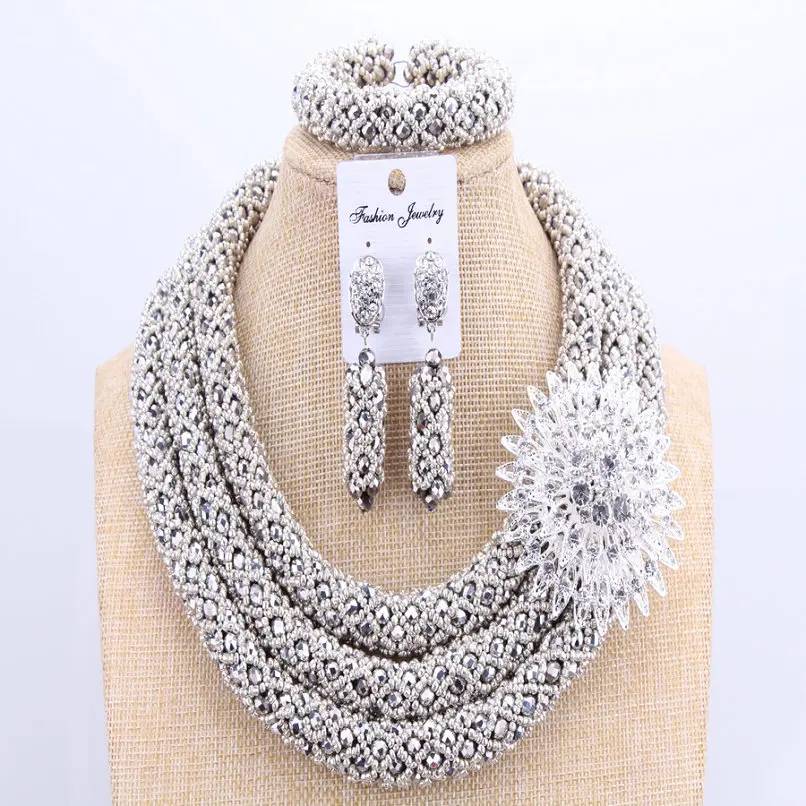 Elegant 3 Layers African Nigerian Crystal Beads Necklace Set 3 Layers