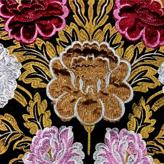 Deluxe Applique Floral Location Design Black Velvet Upholstery Embroidery Fabric Sofa Chair Cushion Fabric Sell by 1 pair