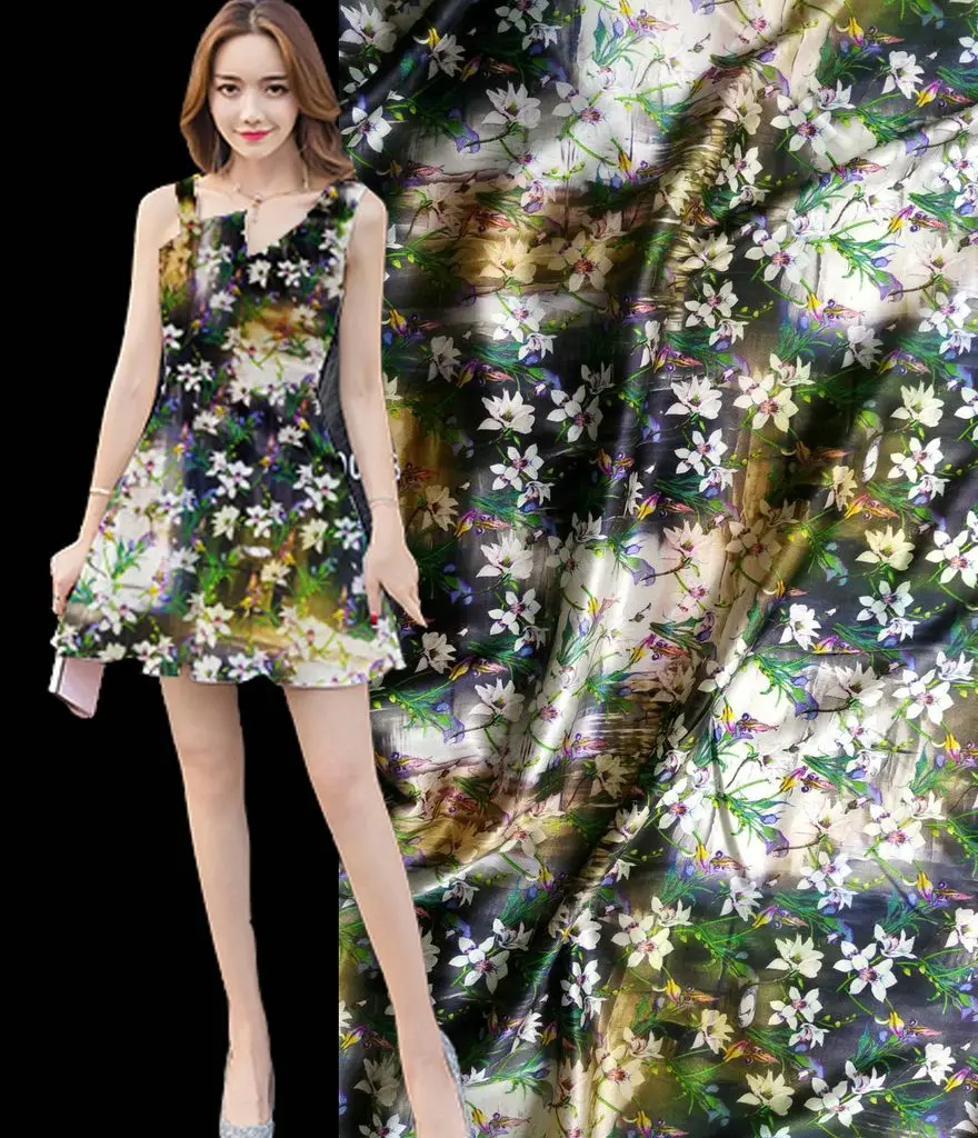 Super  Have Silk Fabric Set Flower Prints Retro 97% Natural Silk Fabric 3% Stretch Tissu Dress Colth Material For Sewing Textile