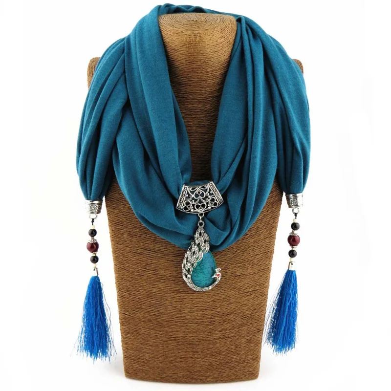 2017 Nature Stone pendant necklace Scarf Pendant Necklace  Fringe tassel Scarf Jewelry With beads Ethnic Jewelry