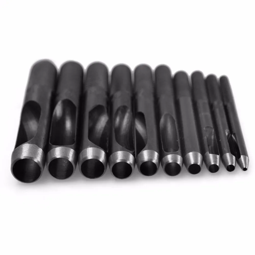 10pcs Round Steel Leather Craft Hollow Hole Punch 1mm to 10mm for Leather Belt Watch Band Gasket, Black Silver