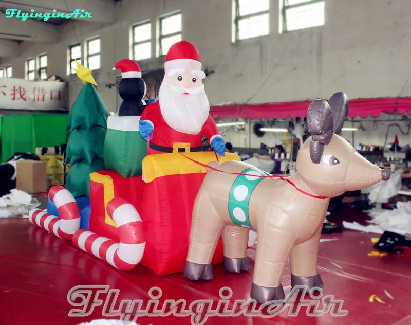 6m Father Christmas Sleigh Inflatable Santa with Reindeer Sleigh and Penguins For Shopping Center And Park Decoration