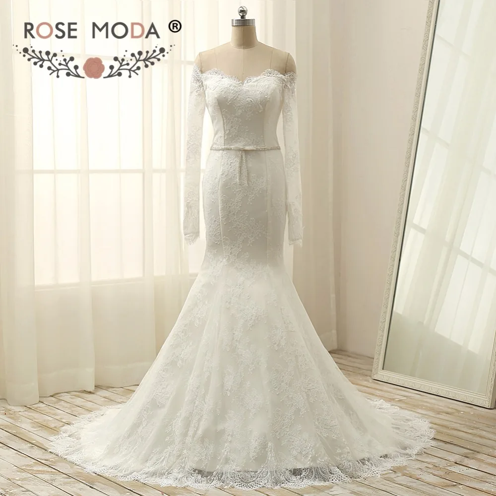 Rose Moda Dài Tay Áo Mermaid Wedding Dress Tắt Shoulder Ren Wedding Dresses với Bow Hình Ảnh Thực Tế