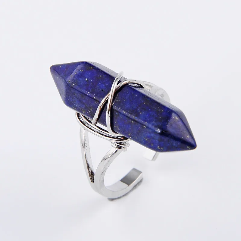 Reiki Natural Stone Finger Ring Prism Point Chakra Silver Plated Wire Wrapped Lapis Lazuli Black Obsidian Party Ring Jewelry