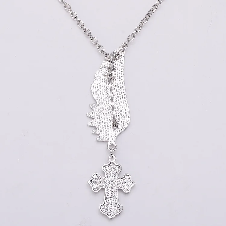 MZC Bulgaria Jewelry white Angel Wing Cross Necklaces for Girl Female Classic Long Neckless Gros Collier Argent Femme