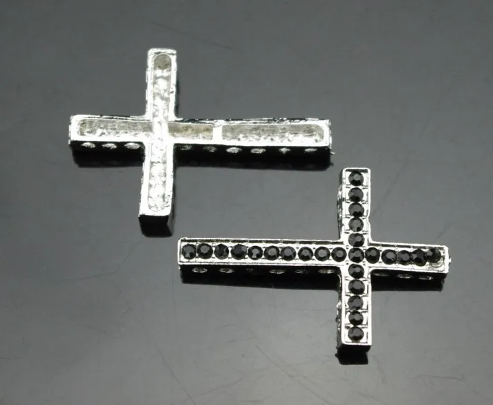 Free Shipping 10pcs 1.4'' x 1'' Black Rhinestone In Silver Alloy Sideways Cross Connectors Links. Pave Cross Bracelet Bead