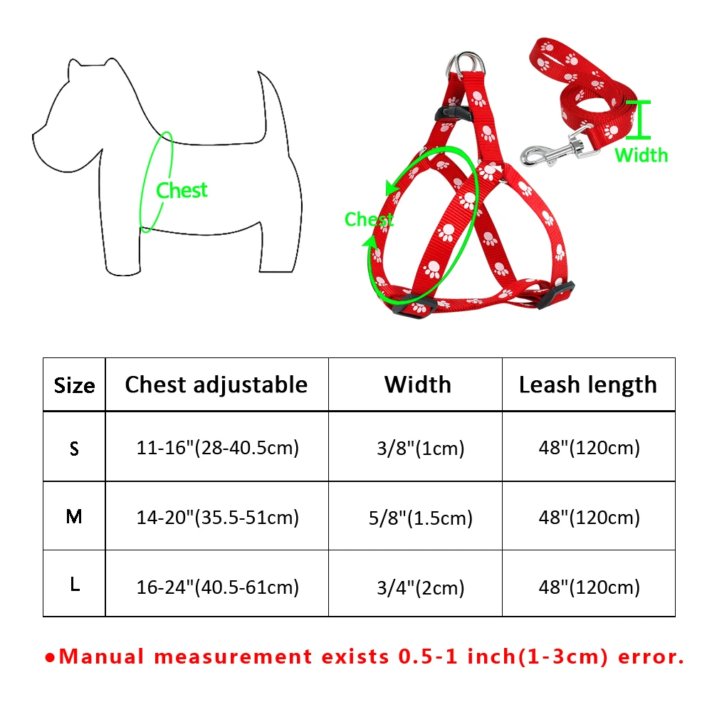 Ensemble de laisse et laisse en nylon réglable pour chien, imprimé patte, sangle de marche SFP, petits et moyens chiens, S, M, L