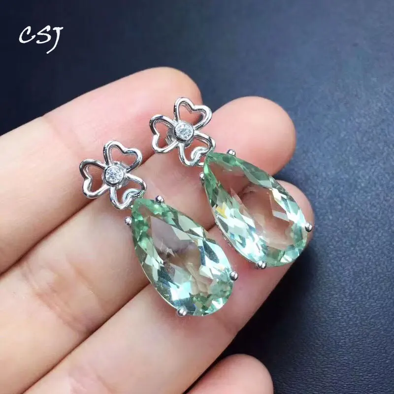 

CSJ 100% Natural Green Amethyst Drop Earrings 925 Sterling Silver Gemstone Fine Jewelry Women Lady Wedding Engagment Party Gift