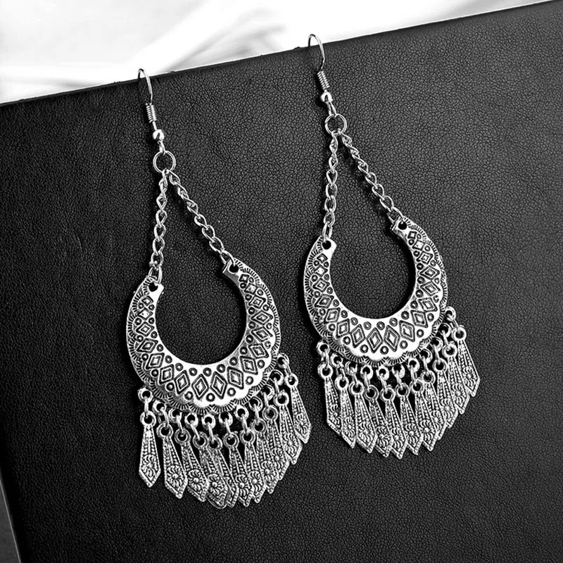 JIOFREE Bohemia Vintage Silver Color tassel Clip On Earrings Without Piercing for Women Ethnic Jewelry Punk earrings jewelry