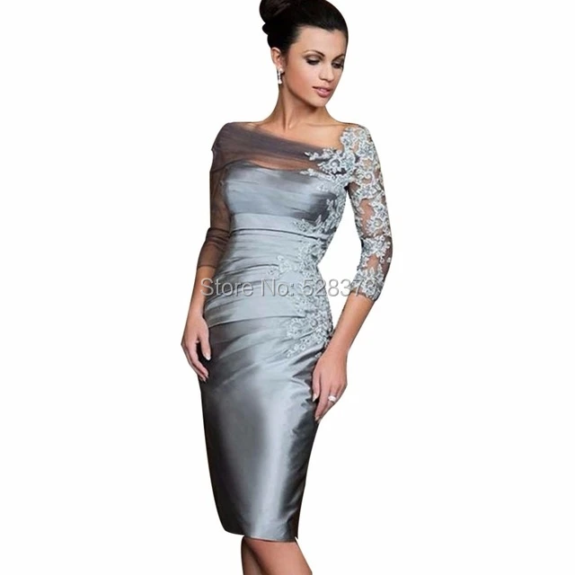 

YNQNFS MD39 Elegant Taffeta Sheath Sheer 3/4 Sleeves Short Mother of the Bride/Groom Dresses Outfits Grey Color