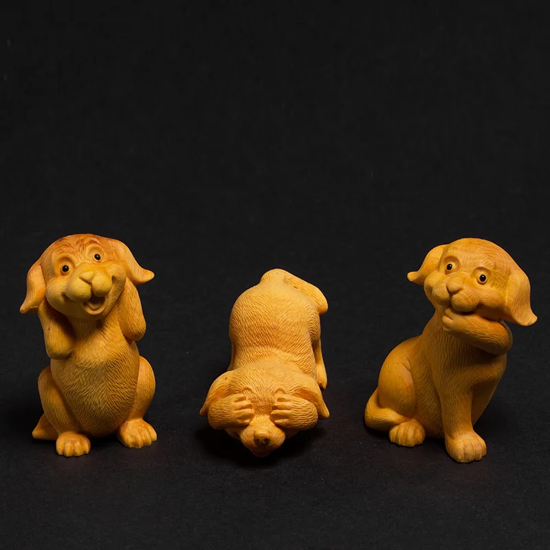 Wood Carved Dog Sculptures, Handcrafted Animal Toys, Home Decor