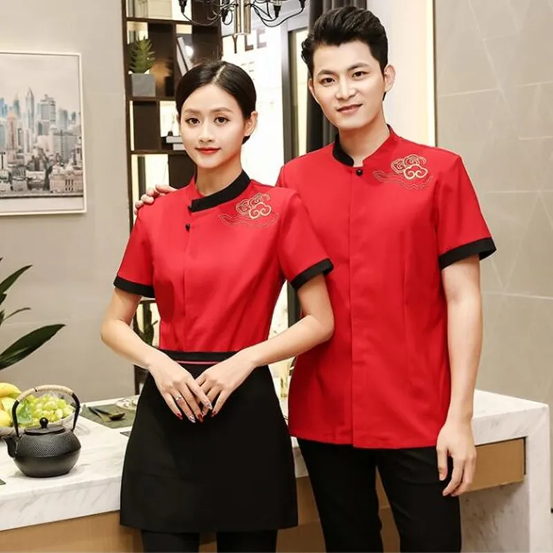 

Hotel Waiter Workwear Men's Women's Short Sleeves Chinese Restaurant Waitress Uniform Dining Hot Pot Shop Plus Size Coat H2152