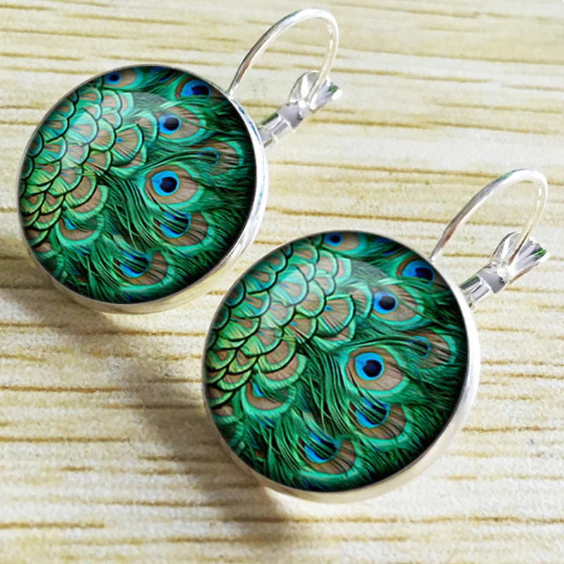 Vintage Green Peacock Feather Earrings For Women Bronze Plated Glass Dome Cabochon Earrings Jewelry