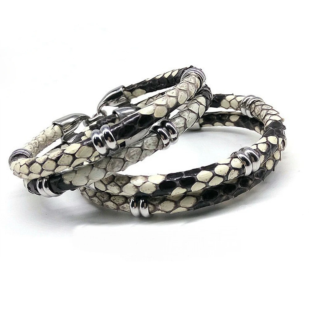 Mens Black Python Skin Leather Bracelets Real Python Skin Leather With Steel Buckle Bracelet With Beads Bracelet