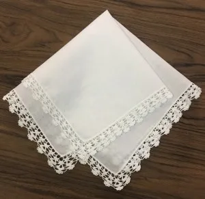 Lenços de algodão branco com bordas de renda, Bordado Vintage Crochet Hanky para noiva, Lenços nupciais de casamento, Conjunto de 12 Moda