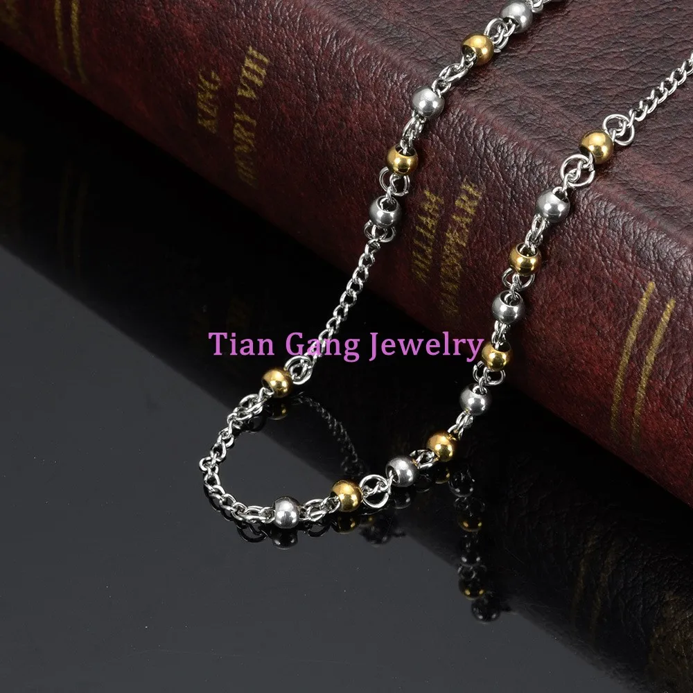 Gold Silver Color 4mm/6mm/8mm Round Bead Rosary Necklace Stainless Steel religious Jesus Crucifix Cross Chain for women Men