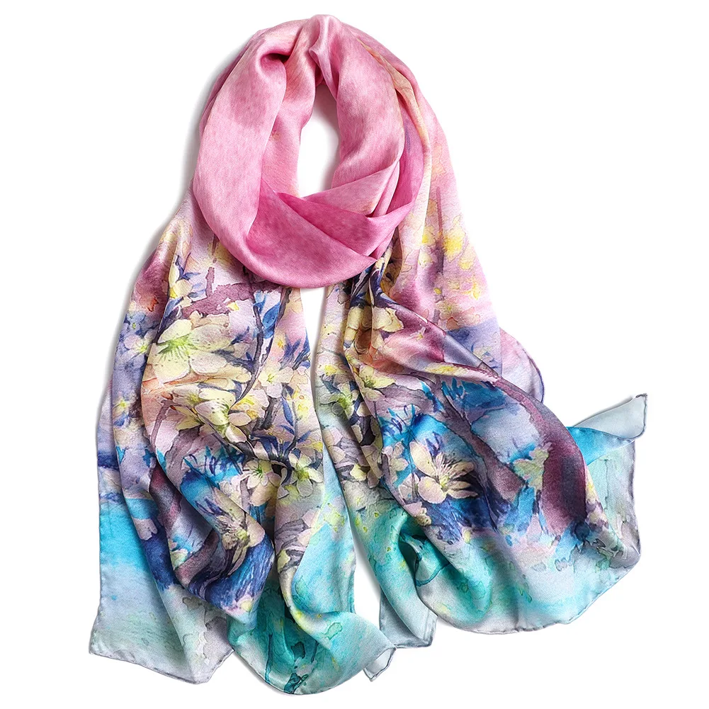 DANKEYISI Women Silk Scarf Floral Print Ladies Long Silk Scarf Shawl Real Silk Beach Shawl Cover Ups Women Silk Scarves Wraps