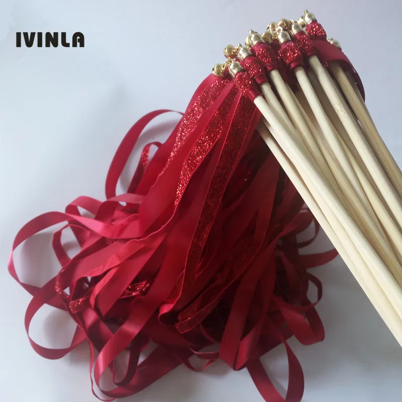 New style 50Pieces/Lot dark red glitter + red stain wedding ribbon wands wedding stick wedding confetti for wedding party