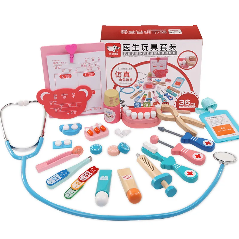 

Logwood Baby toy Funny play Real Life Cosplay 20pcs Doctor Dentist Medicine Box Pretend dokter speelgoed Wooden toy kids toys