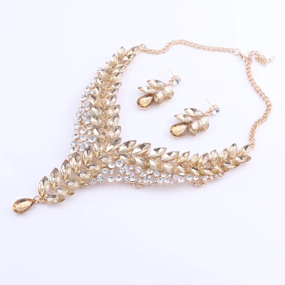 Women Champagne Crystal Wedding Bride Party Costume Accessories Bridal Necklace Earring Jewelry Sets