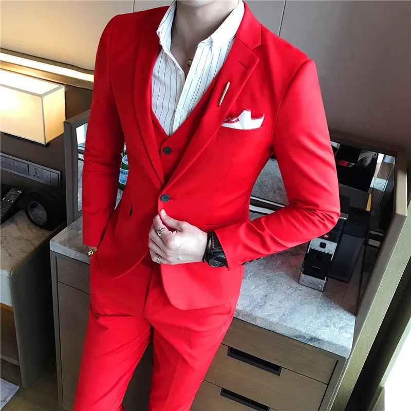 S-7XL ( Jacket + Vest + Pants ) Mens Suit Solid Color Mens Classic Suits Red Prom Suit Black White Blue Slim Groom Wedding Dress