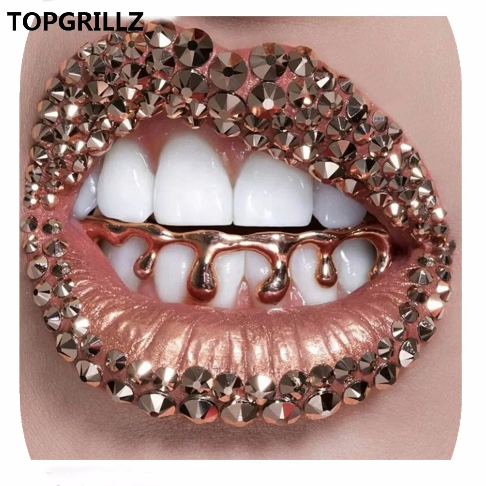 TOPGRILLZ Fit Light Yellow Gold Color Rose Plated Hip Hop Teeth Drip Grillz Caps Lower Bottom Grill Silver Color Grills