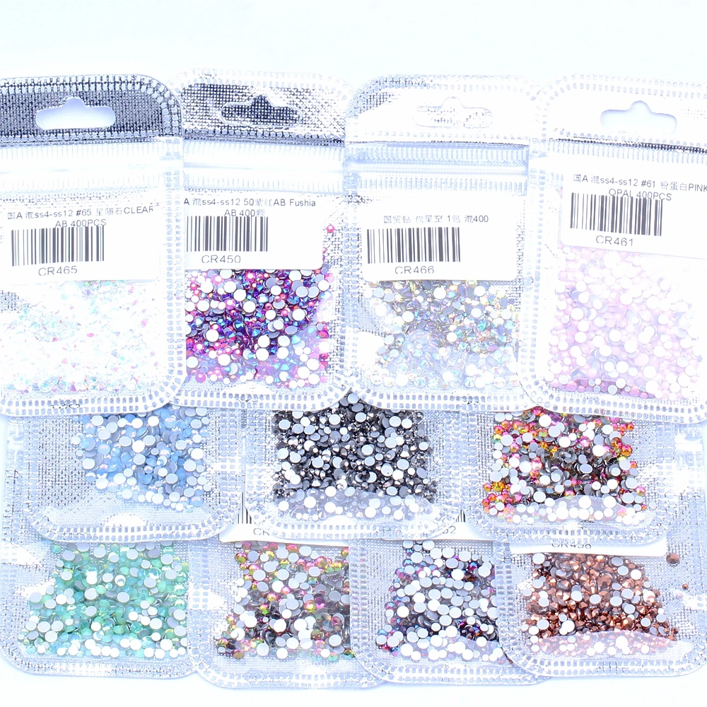 400pcs 60colors Mix Sizes of ss4-ss12 Nail Art Non HotFix Crystal Rhinestone DIY Flatback 3D Glass Rhinestones Nail Decorations