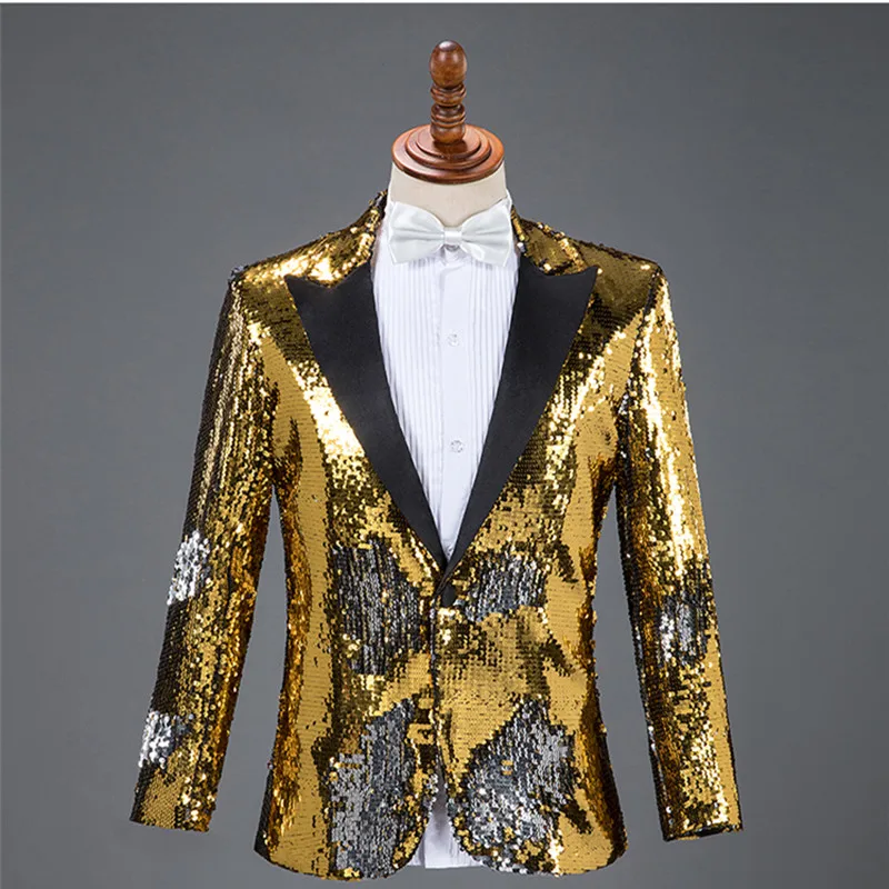 2 Piece Set Gold Black Sequins Blazers Pants Men Suits Nightclub Bar Male Singer Host Concert Suit Stage Outfit Chorus Costumes