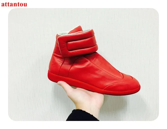 Men\'s Casual Shoes hot sale men red glazed leather nice shoes flats street fashion hook&loop high top male trainers dress shoes