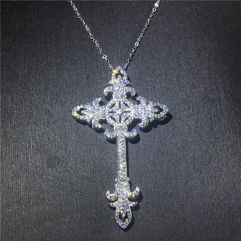 Vecalon Unique Flower Cross pendant 925 Sterling silver 5A Cz Stone cross Pendant necklace for Women Men Party Wedding Jewelry