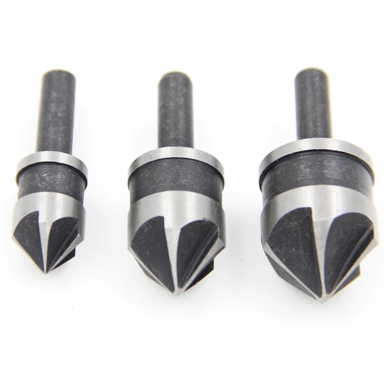 3pcs 12mm 16mm 19mm Chamfering Debur round shank Countersink 5 Flute 90 Degree Set For Wood Quick Change Countersink Bits