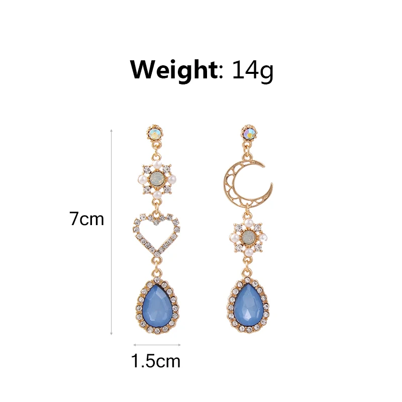 2019 New Sweet Asymmetry Shiny Rhinestone Love Heart Moon Drop Earrings for Women Long Blue Crystal Tassel Dangle Jewelry 6A2032