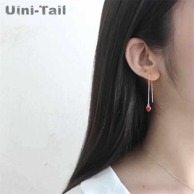 Hot 925 Tibetan Silver red heart ear line Korean tassel earrings long temperament personality simple wild heart-shaped earrings