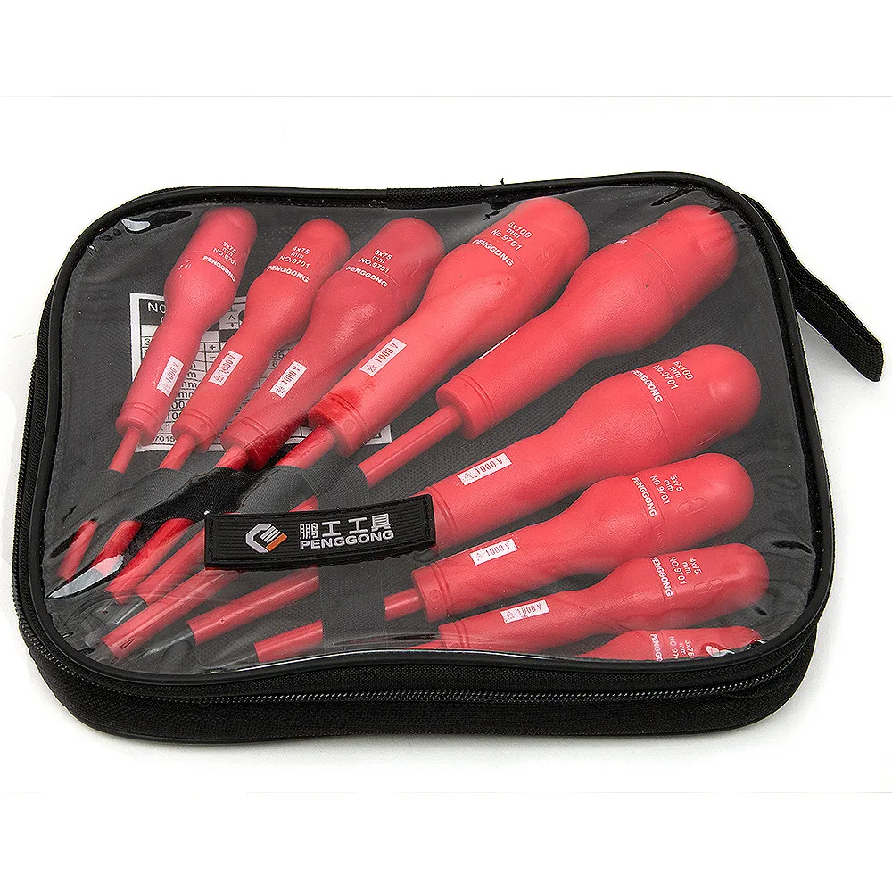 9 in 1 Electricians Grade Insulated Screwdriver Set PP coating Anti-Shock Red Handled Magnetic Head 1000Volt Repair Hand Tool