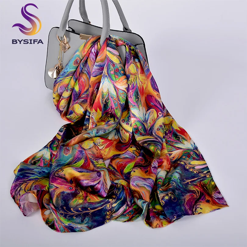BYSIFA-Chal de seda pura para damas, bufanda de cuello de mujeres, temporada primavera y otoño, pañuelos largos de marca nueva y de lujo, tamaño de 175*52cm