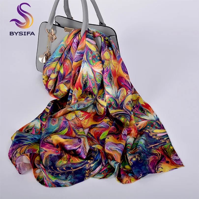 [BYSIFA] Nowy luksusowy czysty jedwabny szalik szal kobiety wiosna jesień długie szaliki damskie marka 100% jedwabny szalik na szyję Foulard 175*52cm
