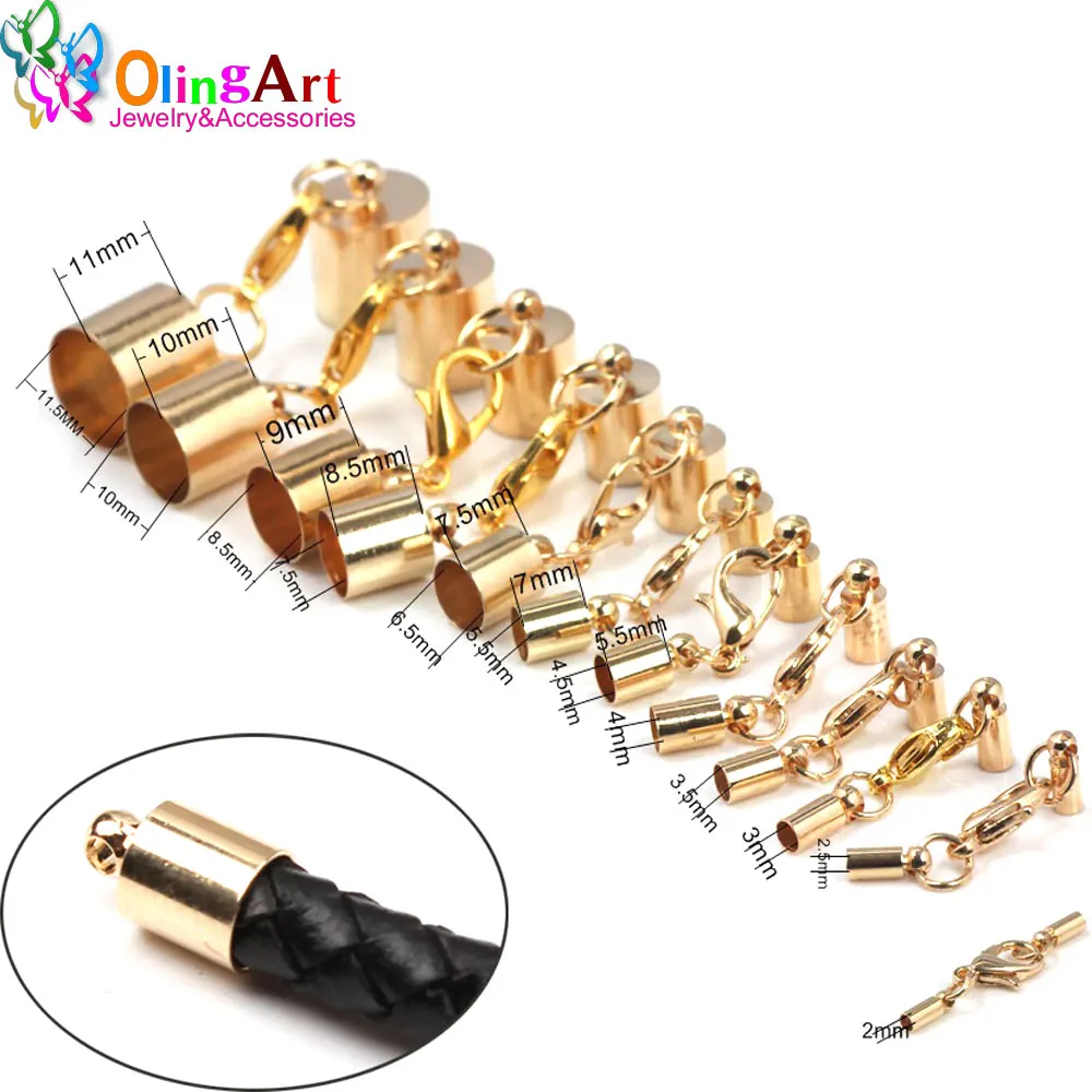 OlingArt Gold 2 3 4 5 6 7 8 9 11mm tassel round leather cord crimps end caps lobster clasp Fastener 12pcs/lot DIY jewelry making