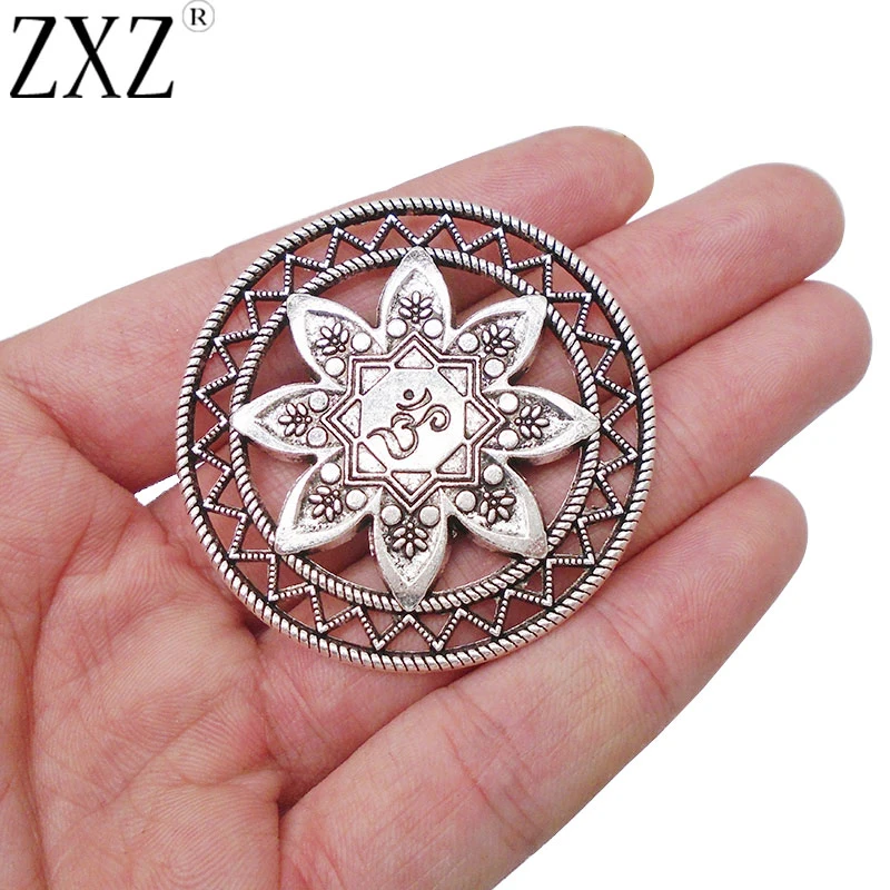 ZXZ 5pcs Antique Silver Large Lotus OM AUM Yoga Meditation Round Charms Pendants for Jewelry Making Findings