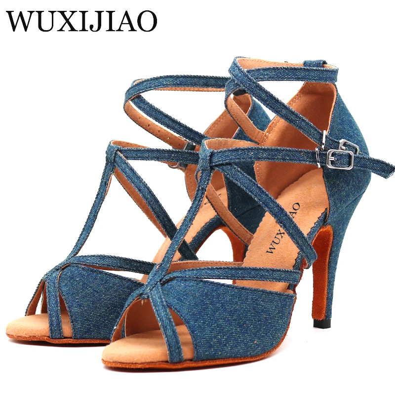 WUXIJIAO Denim Fabric Women Professional Latin Dance Shoes Salsa Ballroom Samba Dance Shoes Ladies High Heels Soft Heel 5-10cm