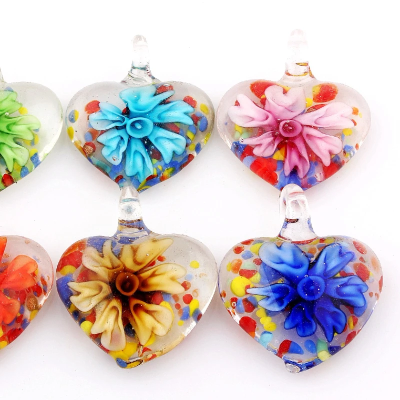 Qianbei Fashion Handmade Murano Lampwork Glass Mix Color Flower Heart Pendants For Necklace Wholesale 6pcs