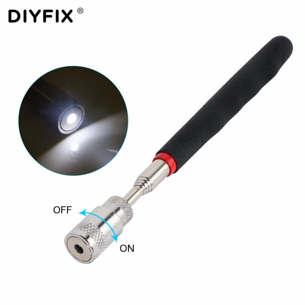 DIYFIX Ímã Telescópica Magnetic Pick Up Tool com Luz LED para Pegar Metal Parafuso Parafusos Porcas Ferramentas Manuais Portáteis