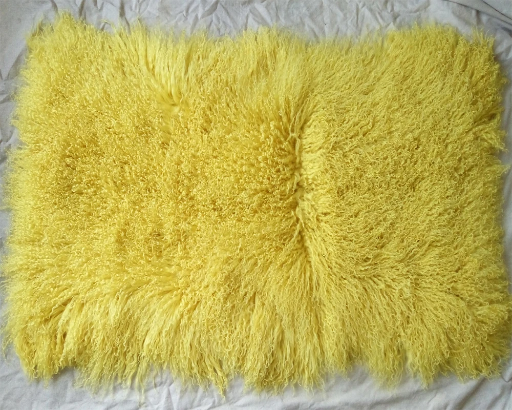 Real Yellow Mongolian Lamb Fur Cushion Cover Sofa Curly Tibetan Fur Pillow Cover for Bed Sofa 12 