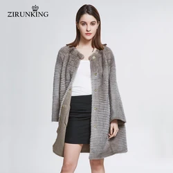 ZIRUNKING Women Plus Size Real Mink Fur Coat Lady Natural Fur Knitted Stripes Shuba Outerwear Female Fur Overcoat ZC1842