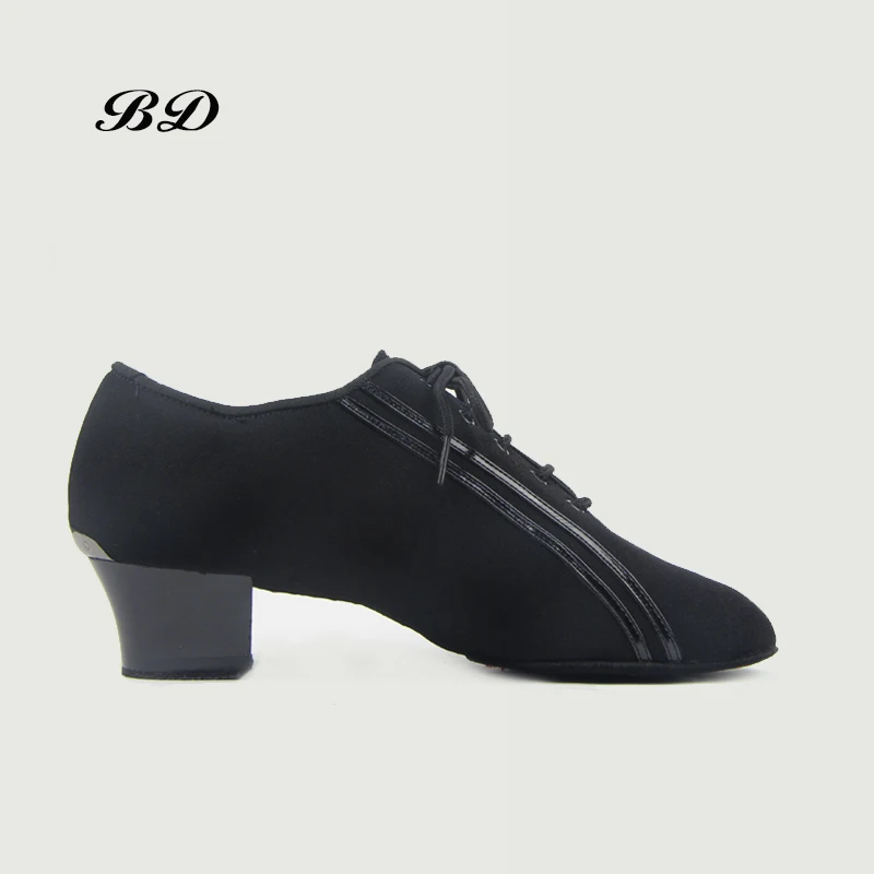 Sneake sepatu dansa Latin pria, sepatu Ballroom Modern JAZZ Slip-UP hitam kain Oxford hak persegi 4.5 CM sepatu dewasa dan anak laki-laki