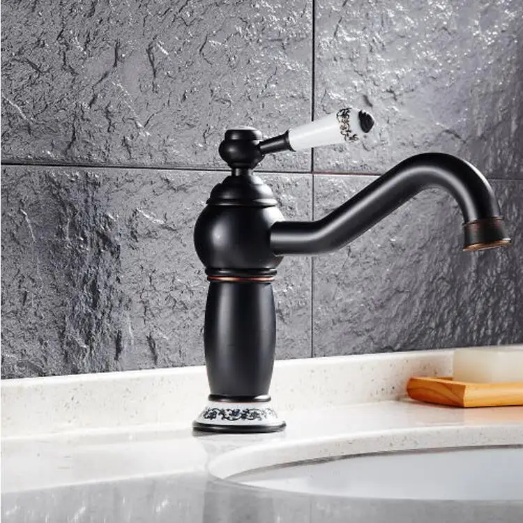 

Antique ceramic printing style basin faucet, Oil Rubbed Bronze sink basin faucet black, Copper bathroom wash basin faucet mixer