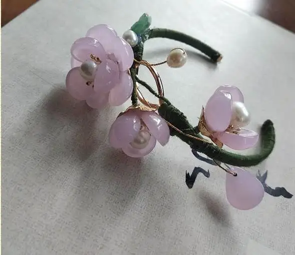 Summer Special Designed Xia Zhi Crystal Jade  Pink Green Petal Hair Stick Hair Comb Pinchcock Hanfu Accessory Daily Wear