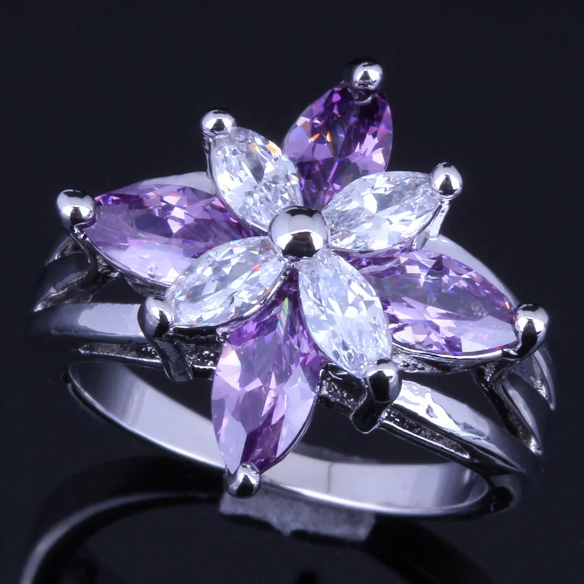 

Luxurious Frog Purple Cubic Zirconia White CZ Silver Plated Ring V0133